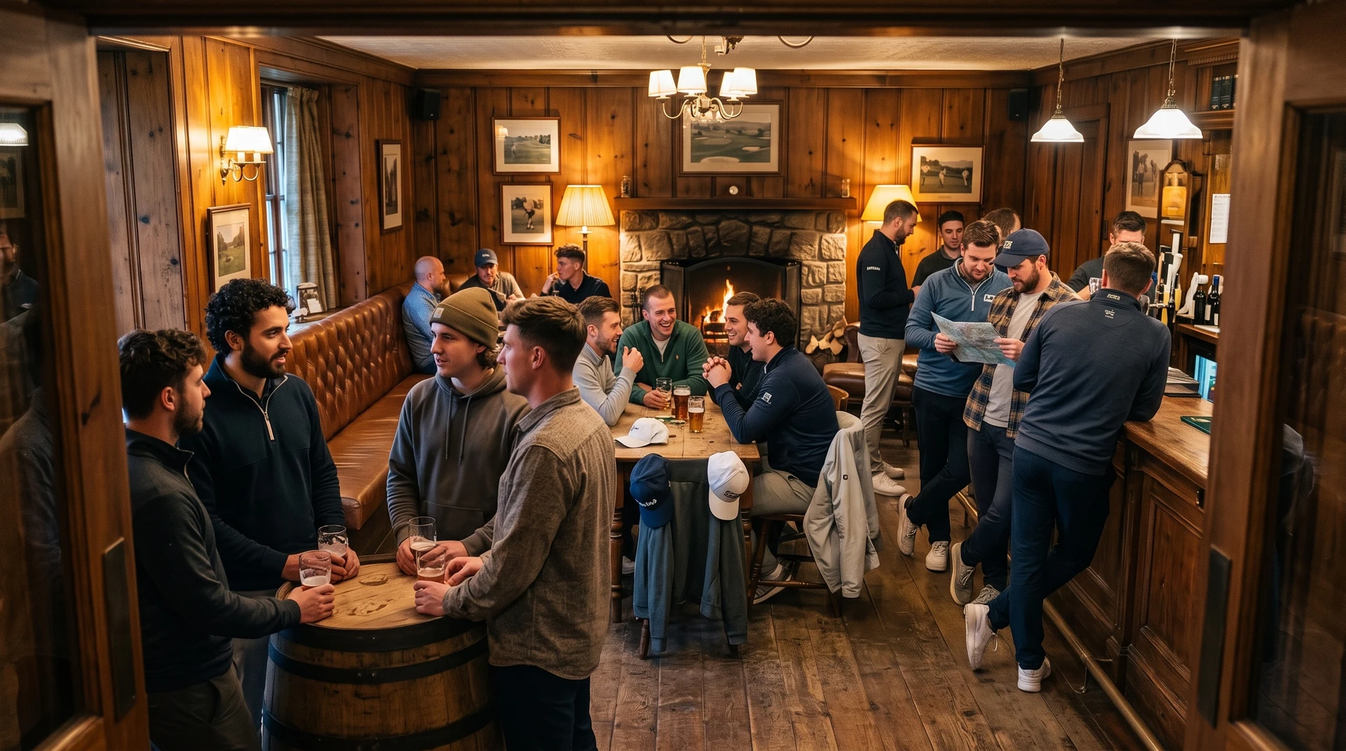 Generated candid concept of adult golf travelers socializing in multiple groups in an Irish clubhouse pub