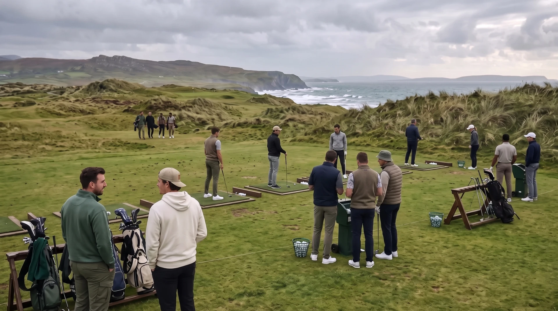 Generated candid concept of several adult golf groups warming up on an Irish range